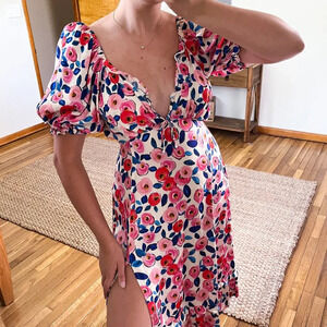 For Love & Lemons Colorful Floral Rose Print Romantic V Neck Ruffled Maxi Dress